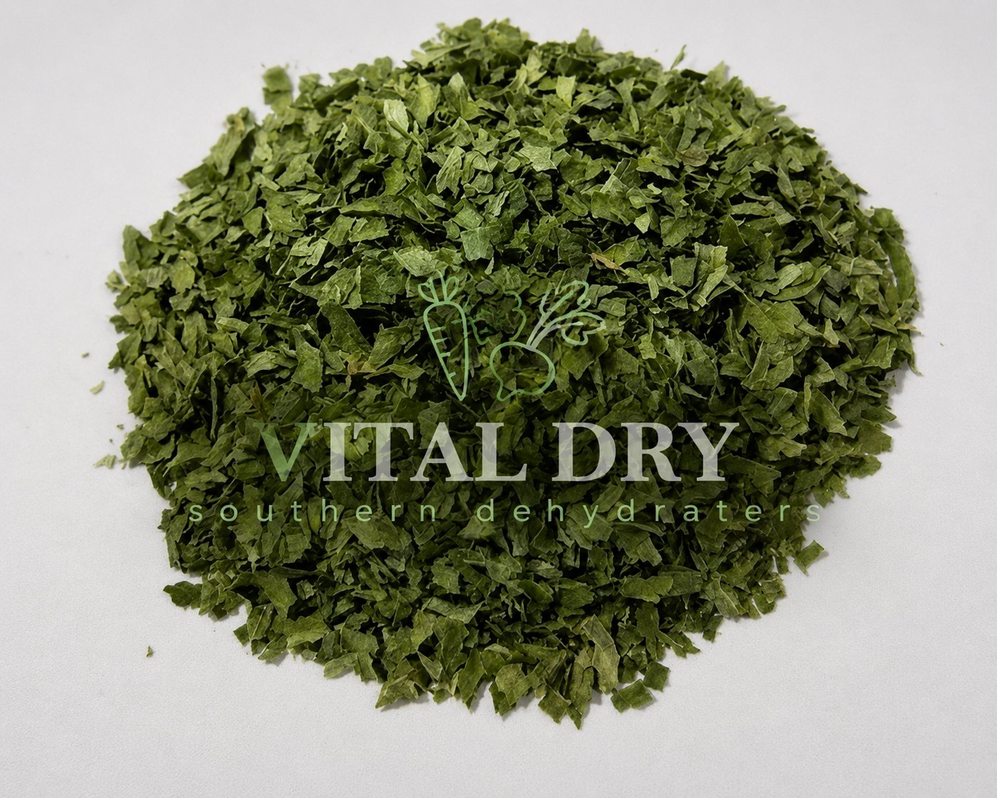 Dehydrated onion leaves processed into green flakes